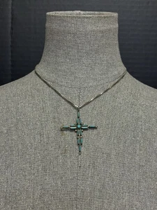 Vintage Turquoise Sterling Cross & 16-Inch Chain #4796 - Picture 1 of 6