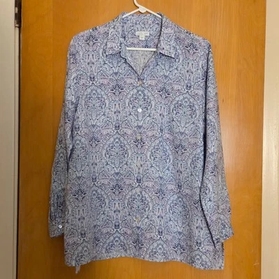 Camisa Jill Love Lino Azul Púrpura Estampado Paisley Esencial Abotonada L/S Talla M Foto 1 de 4