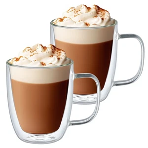 480ml Doppelwandige Gläser mit Henkel Thermogläser Kaffee Late Tassen Glas 2xSet - Bild 1 von 8