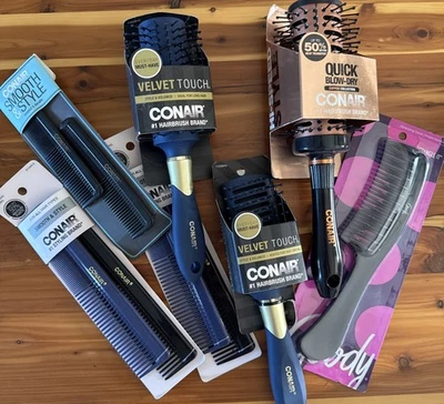 Lot Of Conair Brushes & Combs ~ Round, Vent Brush, Dressing & Detangle Combs - Image 1 of 3