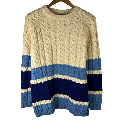 Vintage Hand Knit Wool Cable Knit Sweater Chunky Ivory Pullover 60s 70s Striped - Image 1 of 4