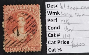 RARE 1865 New Zealand 4d deep rose QV Chalon Head stamp Used Cat £300 - Bild 1 von 2