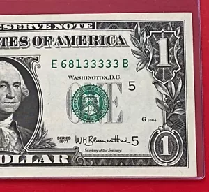 1977 $1 Dollar ( Richmond ) Fancy Serial Number 33333 -5 In Row- UNCIRCULATED - Picture 1 of 3