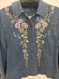 Embroidered Floral Denim Jacket Jean Jacket Size Large Susan Bistro Vintage - Picture 1 of 4