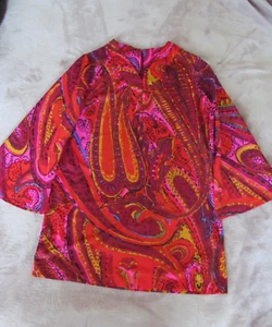 Vintage 70s Sears Hippy Psychedelic Paisley Shirt Tunic Blouse Poly S/M USA Mod - Picture 1 of 7
