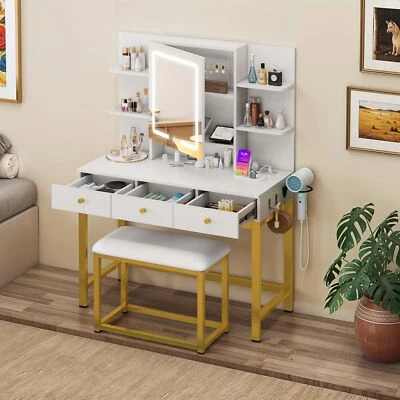 Makeup Vanity Desk Set with Power Outlet 3 Drawers 3 Lighting Modes for Bedroom - Image 1 of 4