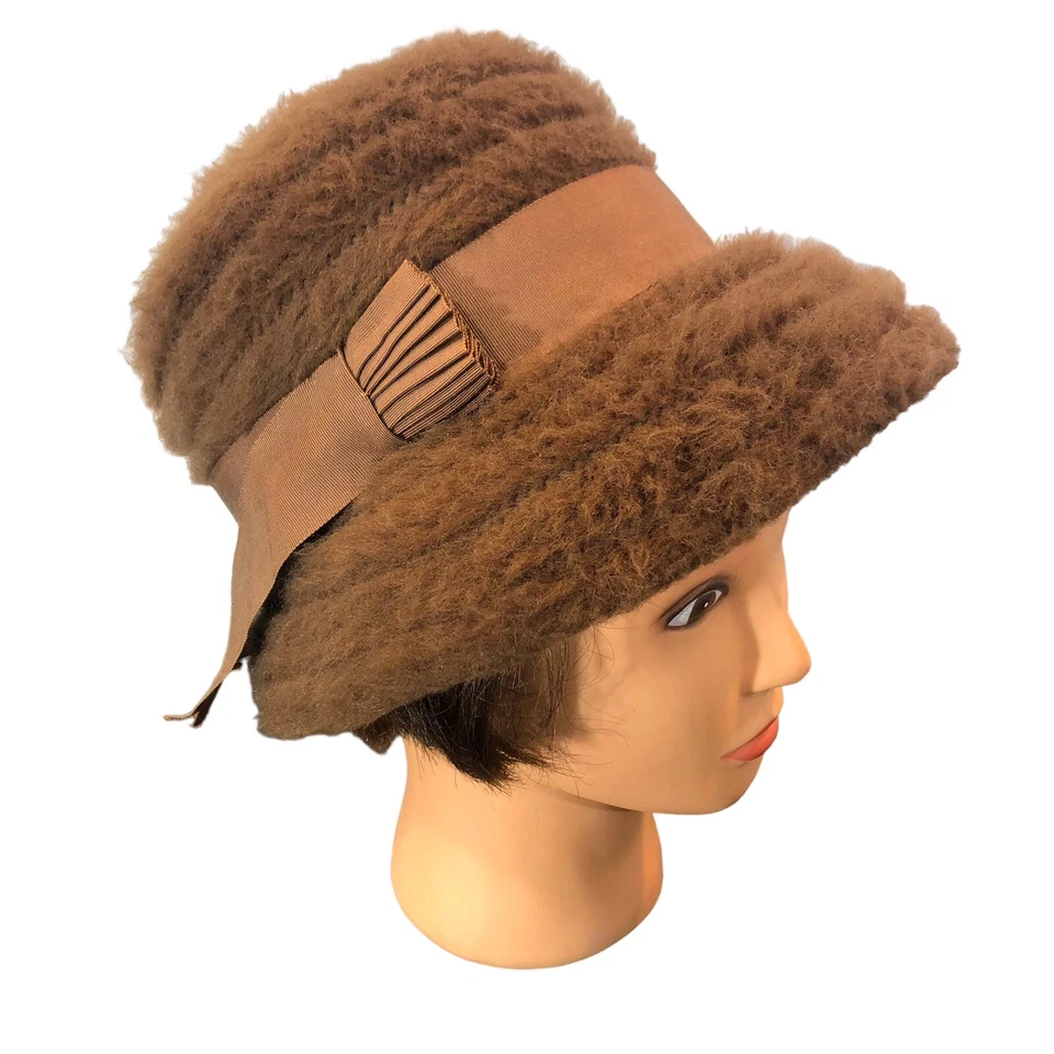 An Everett Needlepoint Original Vintage 60s Brown Wool Mod Cloche Bucket Hat - Image 1 of 4