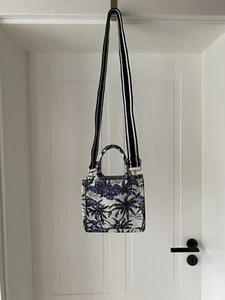 H&M MINI SHOPPER TASCHE JACQUARD PALMEN MUSTER BEIGE BLAU SCHWARZ - Bild 1 von 6