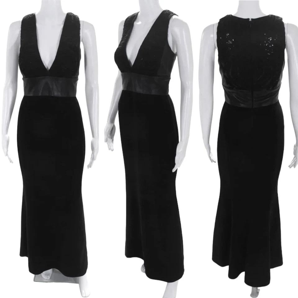 Vestido Carmen Marc Valvo Negro Lentejuelas Talla 4 Cuero Mezcla Lana Formal Fiesta Foto 1 de 4