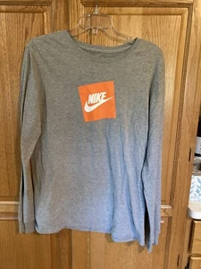 Nike THE NIKE TEE Long Sleeve Shirts Orange Box Logo Gray Men's Size M - Picture 1 of 7