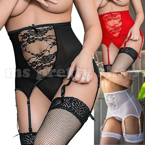 6 Strap High Waist Suspender Garter Belt & String Thong See Thru Lace Sheer Sexy - Image 1 of 1