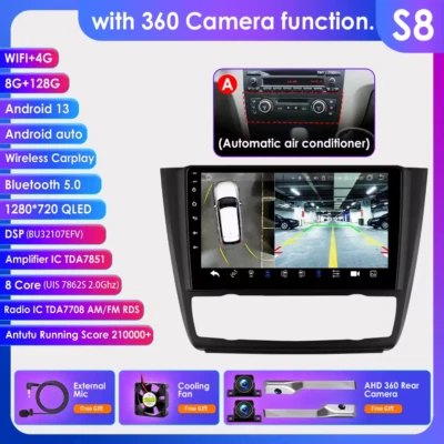 Autoradio camera 360 9 pollici 2Din per BMW Serie 1 E81 E82 E87 E88 clima AUTO - Immagine 1 di 4