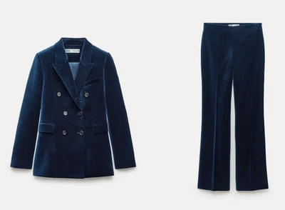 ZARA Velvet Double Breasted Blazer and Pants, Suit, Midnight Blue, Large - Image 1 of 4