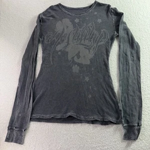 VTG Y2K Hostility Waffle Knit Thermal Fitted T-Shirt Sz L Womens Distressed FLAW - Picture 1 of 11