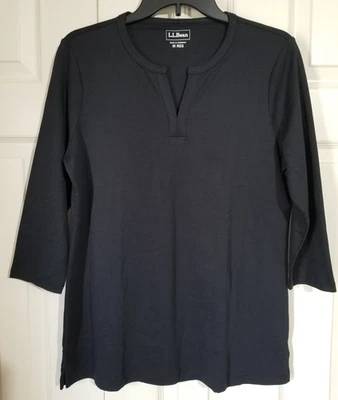 L.L. Camiseta tejida de algodón con cuello dividido manga 3/4 negra mediana Bean para mujer talla M Foto 1 de 4