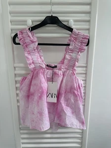 Zara Pink Cotton Candy Tie Dye Ruffle Poplin Crop Tank Top Sleeveless Size S - Picture 1 of 6