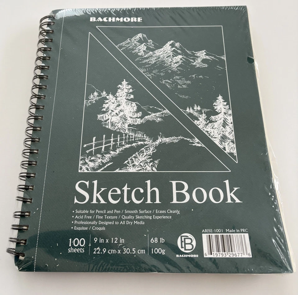 Cuaderno de bocetos Bachmore 9" X 12" (68 lb/100 g) 100 hojas de arte encuadernado en espiral superior NUEVO Foto 1 de 1