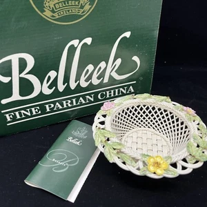 Belleek Summer Rose Irish Porcelain 5” Basket 2059 Blue 8th Mark 3 Strand w/ Box - Picture 1 of 11
