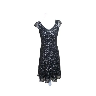 Anthea Crawford Fit & Flare Dress Size 10 Black Leaf Pattern Lace Cap Sleeves - image 1 of 4