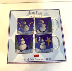 Oneida Zulauf Designs Holiday Stoneware Mugs Set Of Four Snow Pals New In Box - Picture 1 of 15