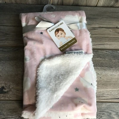 Blankets & Beyond Pink White Clouds Baby Blanket Plush Gray Stars Security Lovey - Image 1 of 4