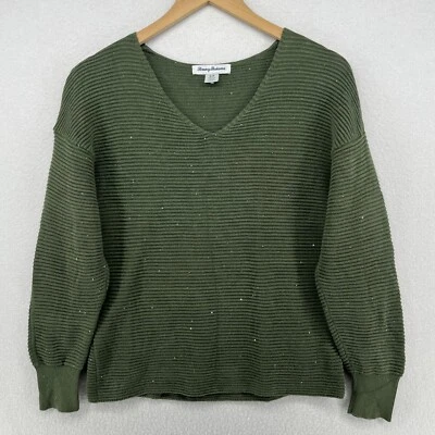TOMMY BAHAMA Sweater Women S Bonita Sequin Ottoman Rib V-Neck Cotton Blend Green - Image 1 of 4