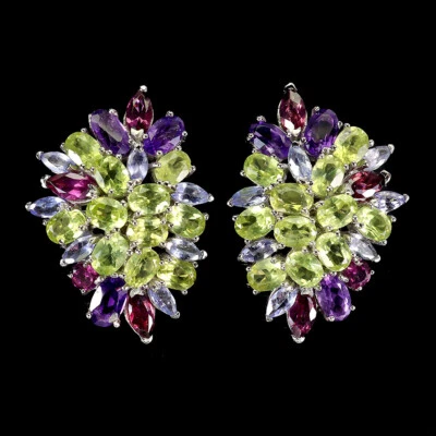Summer 925 Silver Earrings Oval Peridot Amethyst Garnet Tanzanite Gemstone - Image 1 of 4