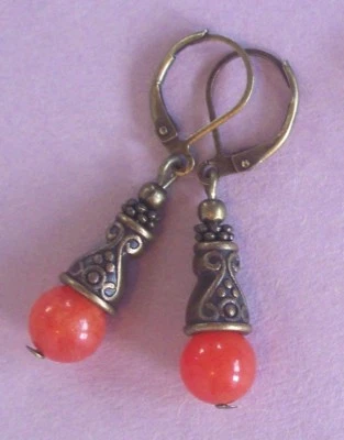 Orange Jade drop earring BRONZE LEVER BACK artisan  - Image 1 of 4
