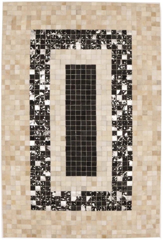 Hand-Stitched Black Beige Cowhide Leather Rug 4X6 ft Modern Contemporary Carpet - Image 1 of 4