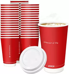 Disposable Coffee Cups with Lids 16 Oz (20 Pack), Red Double Wall Insulated C... - Picture 1 of 1