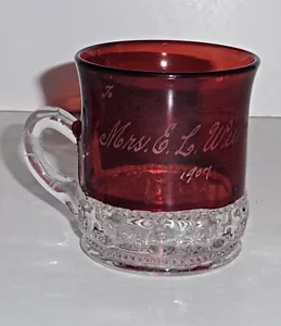Antique Etched 1907 Red Ruby Flash EAPG Engraved "Mrs. E.L. Wilcox Glass Mug - Picture 1 of 6