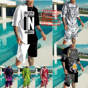 Men's Summer Outfit 2-Piece Set Sweatsuit Short Sleeve T Shirts and Shorts Set - Picture 1 of 31