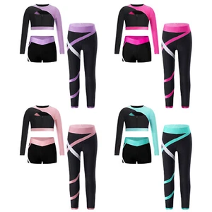 Kids Girls Tracksuit Vest Outfit Shorts Set Yoga Long Sleeve Crop Top Exercise - Picture 1 of 22