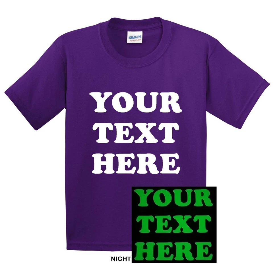 GLOW IN THE DARK YOUTH KIDS PERSONALIZED CUSTOM PRINT YOUR OWN TEXT T-SHIRT TEE - Image 1 of 1