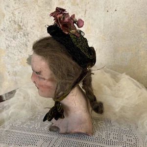 Antique Victorian Bonnet Hat in Green Velvet & Straw & Horsehair Pink Flowers - Picture 1 of 24