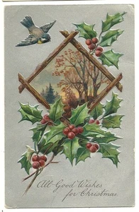 PFB Series 7732 Emobssed Holly Berries Christmas Wishes Holiday  Postcard - Picture 1 of 1