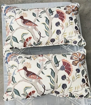 2 Ballard Designs Marin Lumbar Pillows Birds Botanical Floral 12” x 20” Down - Image 1 of 4