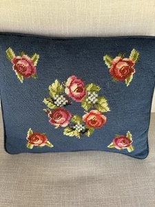 Cuscino vintage lana punta ago rose lancio retro velluto blu 16x13" - Foto 1 di 5