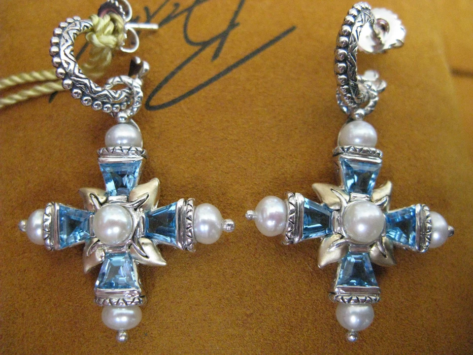 BARBARA BIXBY EARRINGS GEMSTONE PEARL TOPAZ CROSS HOOP HONORA LEAVES Designer - Image 1 of 1