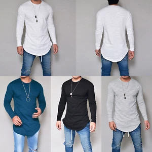 Mens Gym T shirt Longline Slim Fit Long Sleeve Curved Hem Tee Muscle Top Casual~ - Picture 1 of 13
