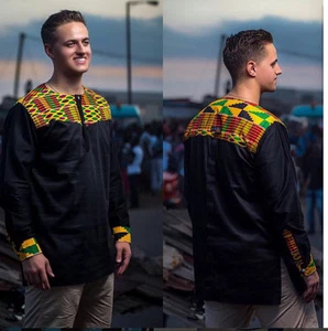 Kente & Black Cotton Men's Long Sleeve Shirt Men's African Clothing Men's Wear - Picture 1 of 3