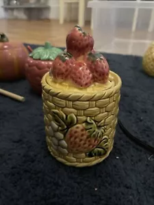 Strawberry Jam Ceramic Preserve Pot with Lid Hand Painted Strawberries Jar Vgc - Picture 1 of 8