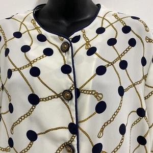 Women's Leslie Fay Blouse Button Down Cream Gold Tone Chain NAVY Polka Dots 16 - Picture 1 of 7
