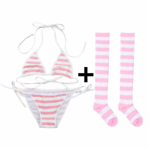 3Set Women Stripe Lingerie Bra Panty Briefs Stocking Sock Underwear Suit Cosplay