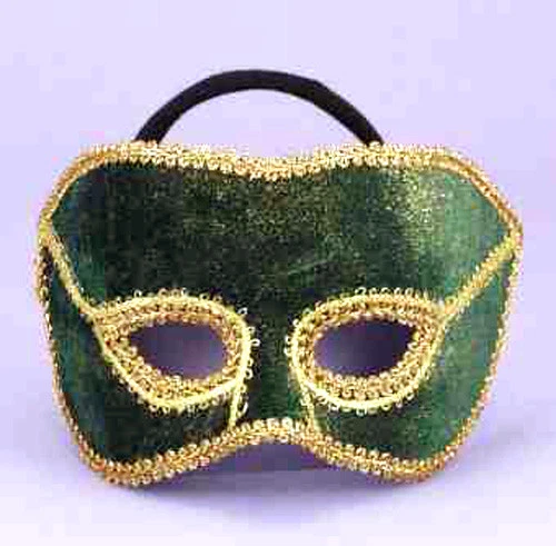 Mardi Gras Mask Green Velvet Eye Mask W/ Gold Braid Trim On A Headband - Image 1 of 1