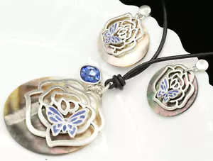 blue crystal shell butterfly rose black leather necklace dangle earrings set S27 - Picture 1 of 4