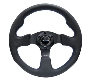Volante inferior plano reforzado de cuero negro NRG® 320 mm con 3 radios negros - Imagen 1 de 3
