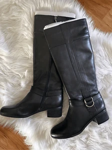 Bandolino Boots Womens 7.5 Collyer Knee High Tall Riding Heels Black Leather Zip - Picture 1 of 9
