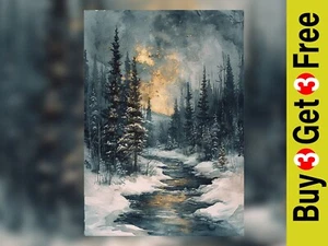 Enchanted Winter Forest, Twilight Stream Watercolor Print, 5"x7" on Matte Paper - Picture 1 of 5