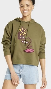 Small NEW Take Pride Target Adult Blu Face Flower Olive Green Cropped Hoodie - Picture 1 of 7
